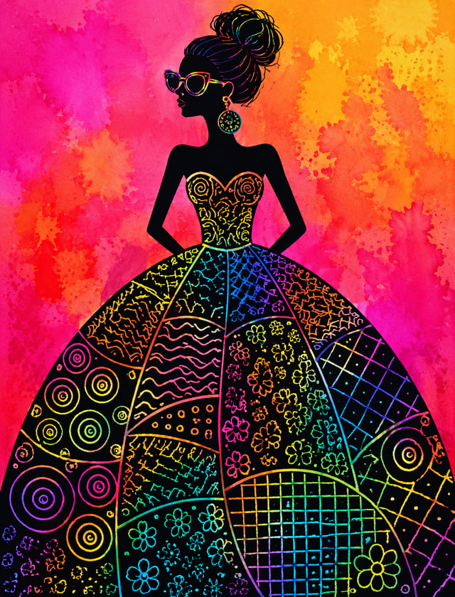 Vertical rainbow scratch painting, fashion girl with high bun hairstyle, wearing sunglasses and big 