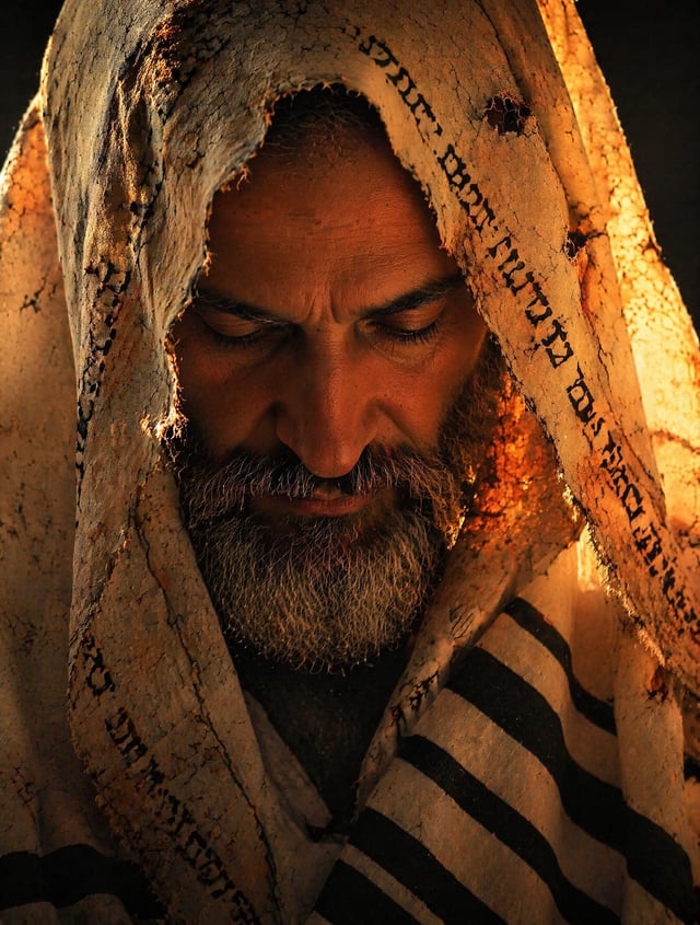 A man with a salt-and-pepper beard is captured in a contemplative, downward-gazing expression, his f