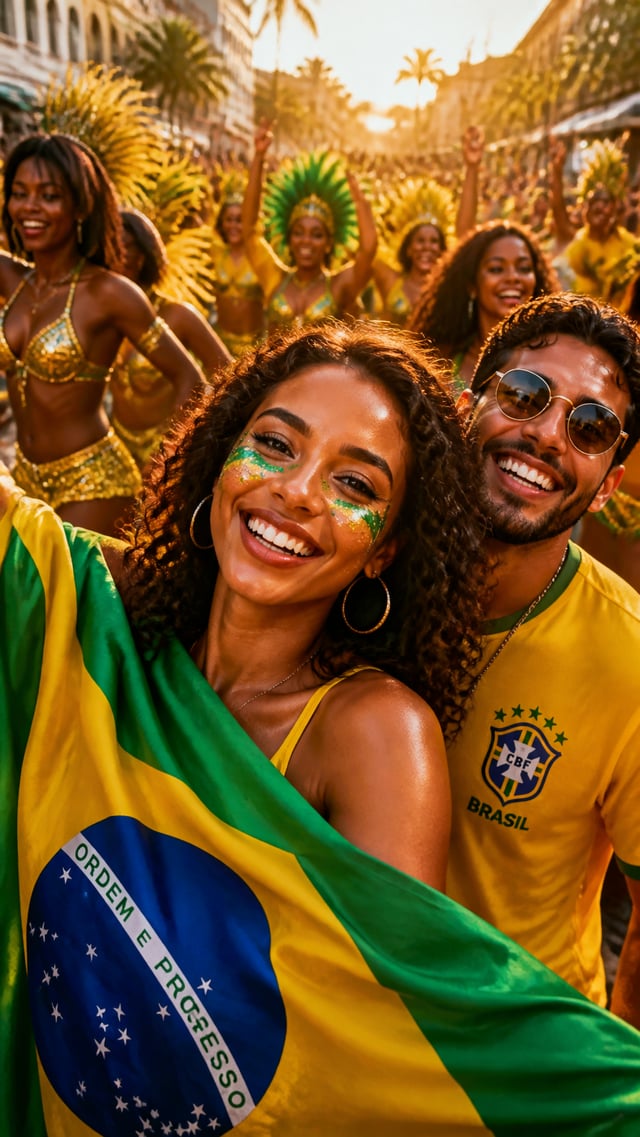 Brazil — "Vibrant street-style portrait of Brazilian fans draped in yellow and green, samba dancers 