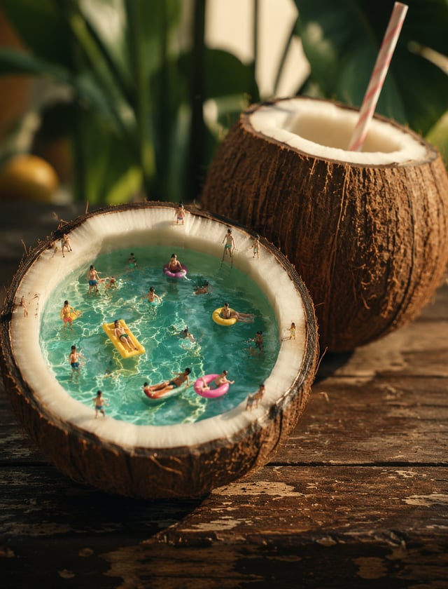 “A surreal and whimsical scene, macro photography style. One half of a giant, hollowed-out coconut s