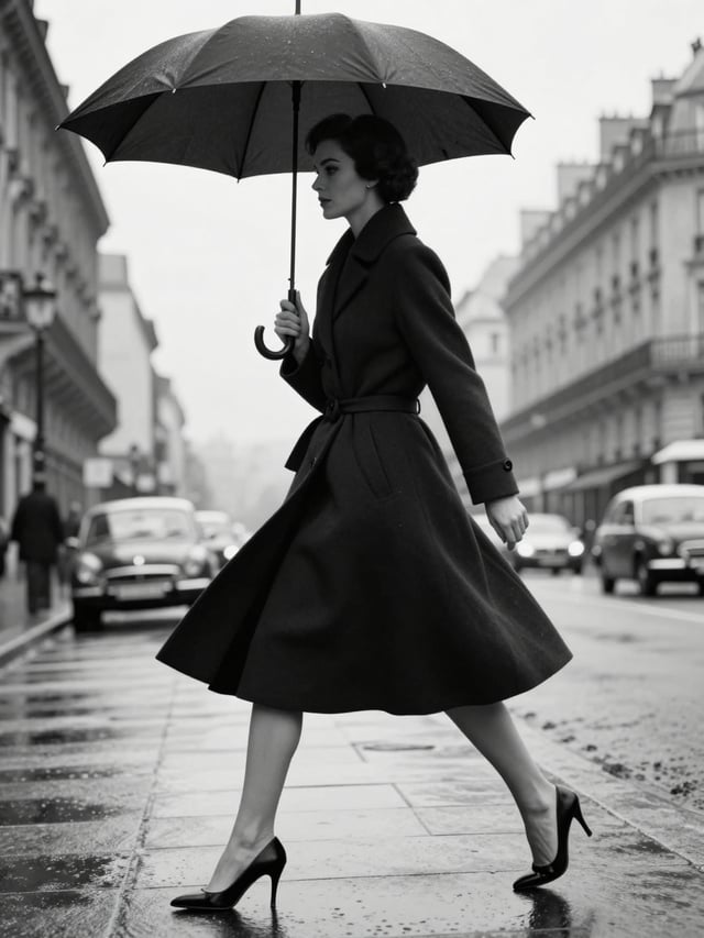 Create a black-and-white high-fashion editorial street photograph inspired by classic 1950s Paris co