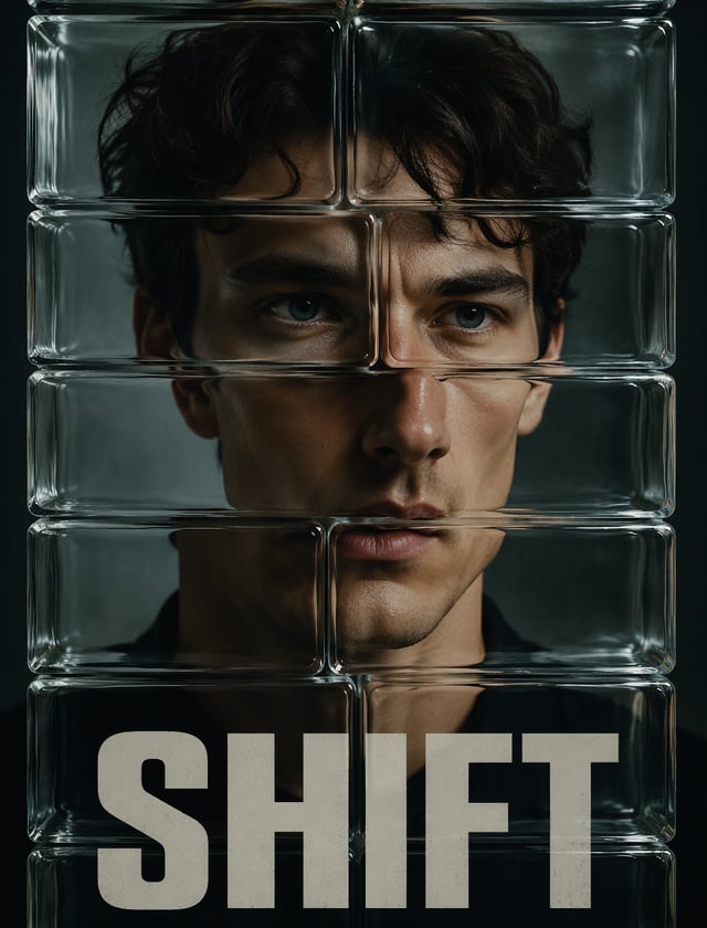 The portrait is viewed through stacked glass bricks.Each brick slightly shifts a different facial fe