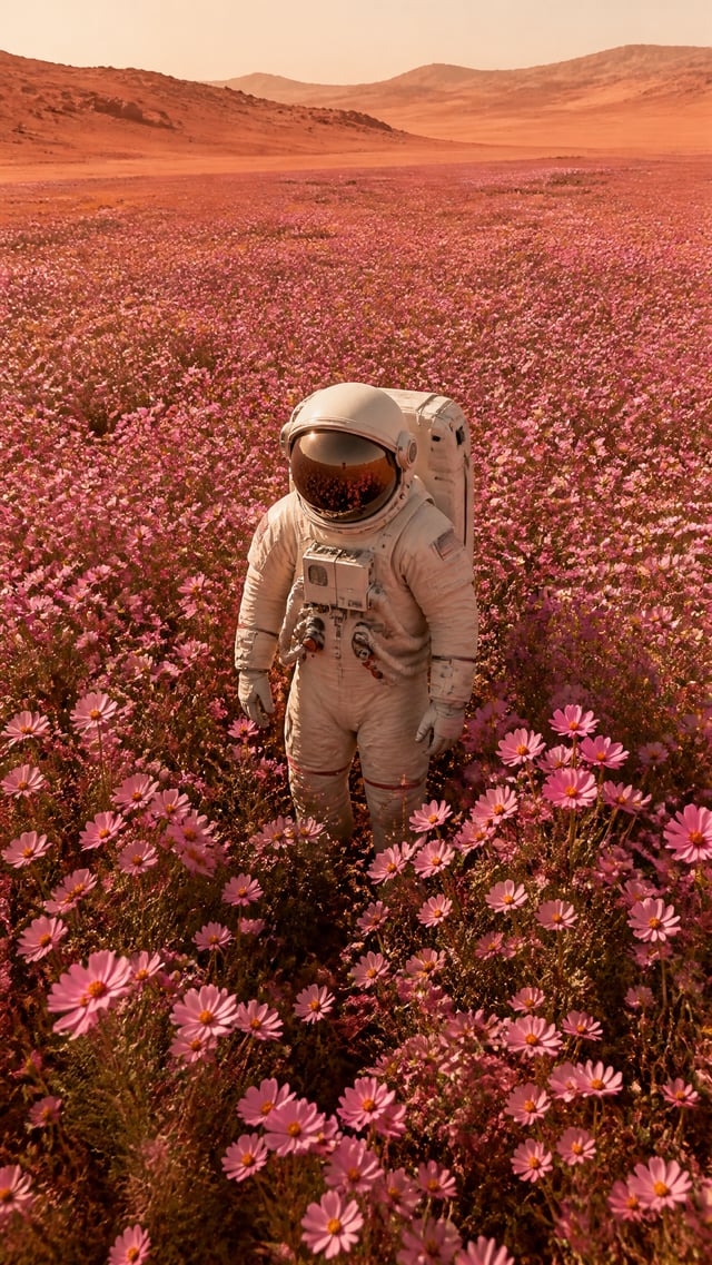 A highly detailed astronaut in a realistic, well-textured space suit standing at the center of a vas