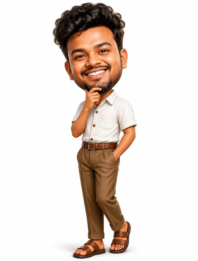 [image1]A highly detailed 3D caricature of a cheerful man with an oversized head, a big smile showca