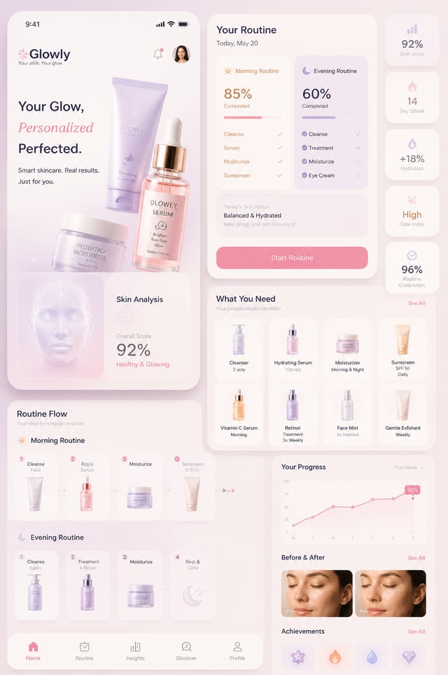 Mobile App UI Design Prompt — Glowly Skincare AppDesign a premium modern mobile app UI for "Glowly" 