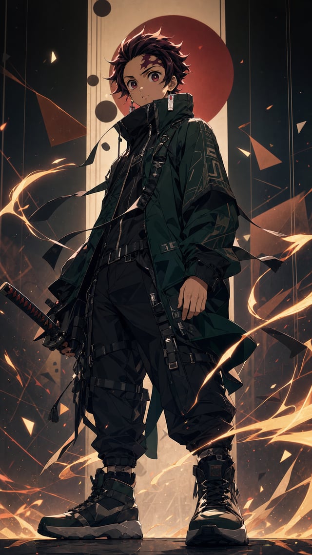 Tanjiro Kamado, modern techwear aesthetic, confident battle-ready stance. Wearing an oversized high-