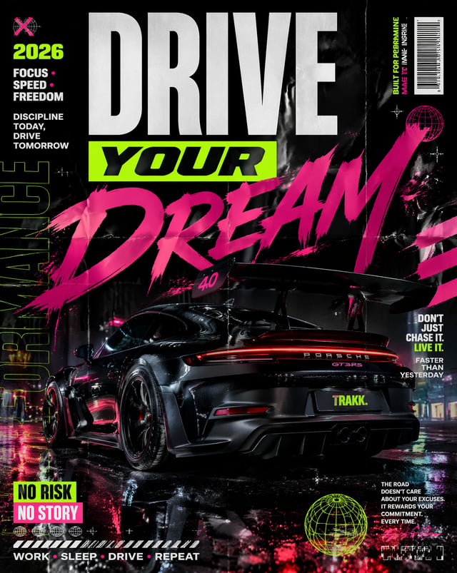Ultra-premium automotive streetwear poster design featuring a black widebody Porsche 911 GT3 RS view