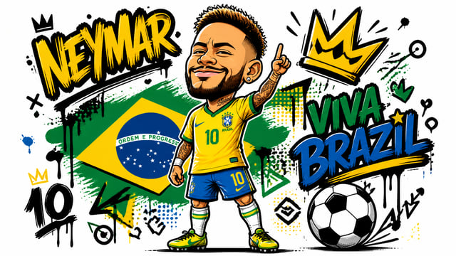 A stylized chibi-proportioned caricature of Neymar Jr. stands in a confident, celebratory pose, wear