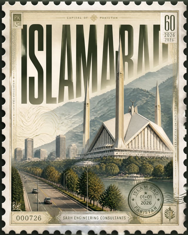 Design a premium 4:5 collectible postal-stamp poster for ISLAMABAD, where the entire composition is 