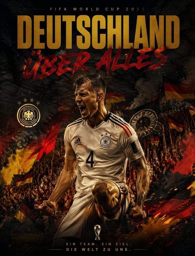 Cinematic fan poster, Germany World Cup 2026, defender roaring after a decisive tackle, black‑red‑go