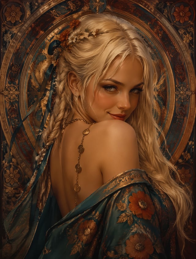 The visual style resembles a classical digital painting influenced by Art Nouveau and Byzantine icon