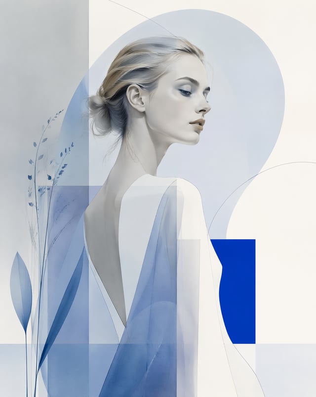 一张极简主义现代编辑风格插画，主体为一个安静而优雅的英国美女。画面以干净流畅的优雅线条塑造主体轮廓，强调修长比例、简洁造型与高级审美。背景保留大面积留白，并搭配少量抽象几何构成、半透明叠层、弧线或简化