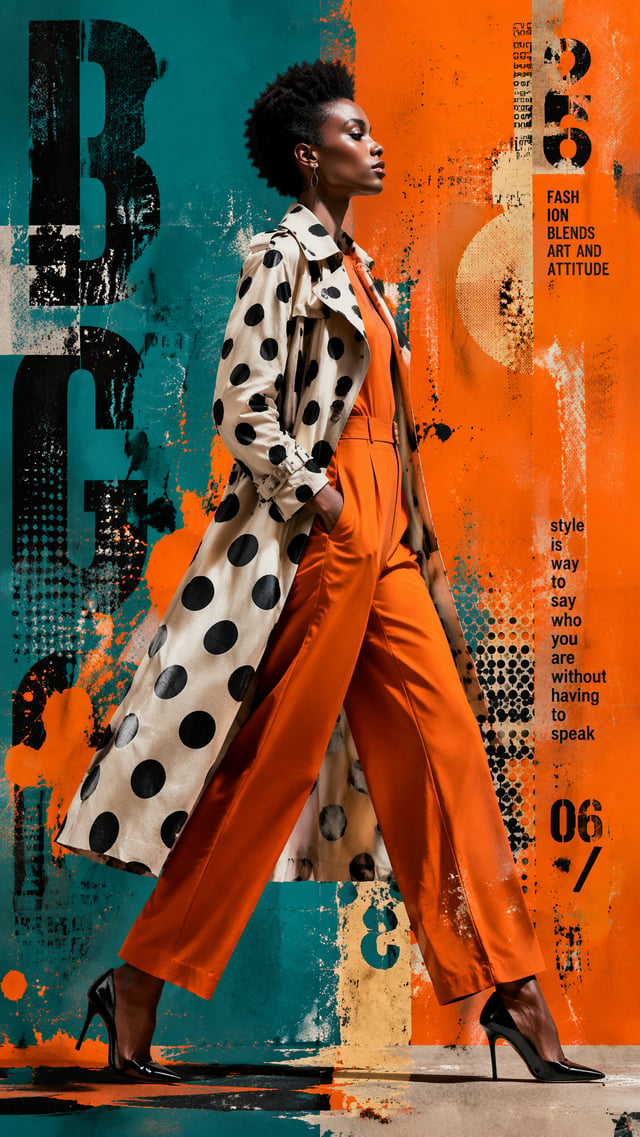 A stylish woman with a short, textured afro strides confidently in profile, wearing a structured tre