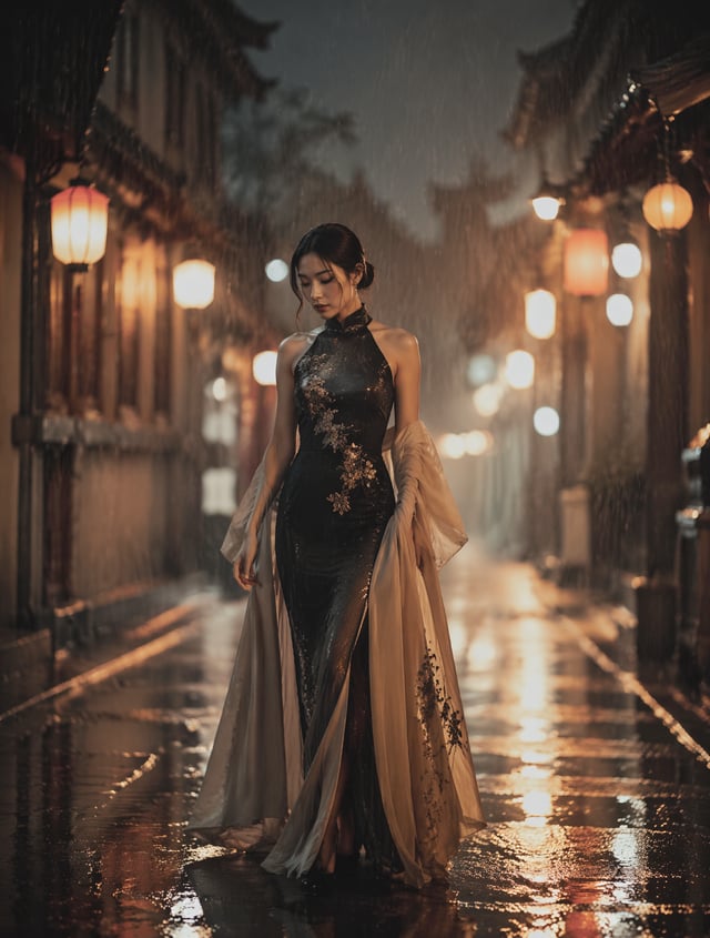 Ultra-realistic cinematic fashion photograph inspired by poetic Asian cinema.A woman walks alone thr
