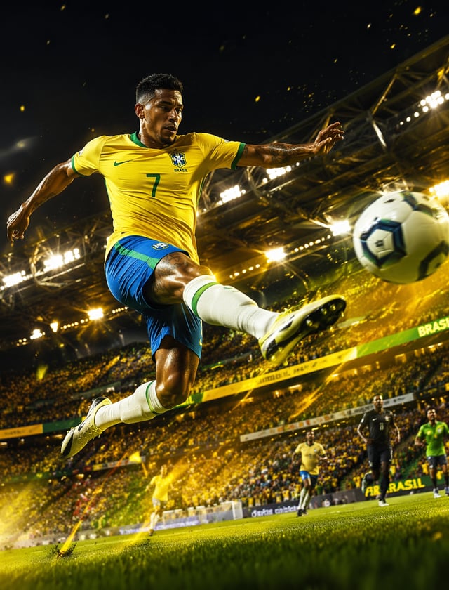 High‑intensity football action, Brazil 2026, star winger executing powerful shot mid‑air, vibrant ye