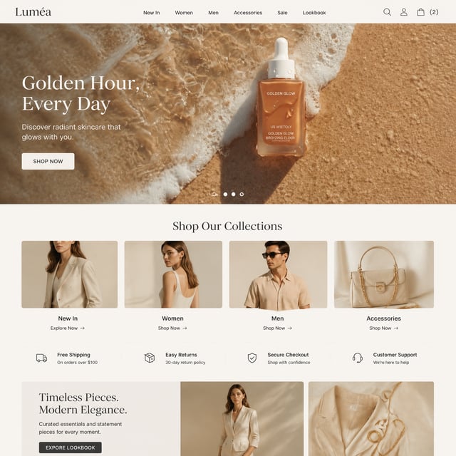 This project showcases Luméa, a modern fashion e-commerce website designed with a refined light aest