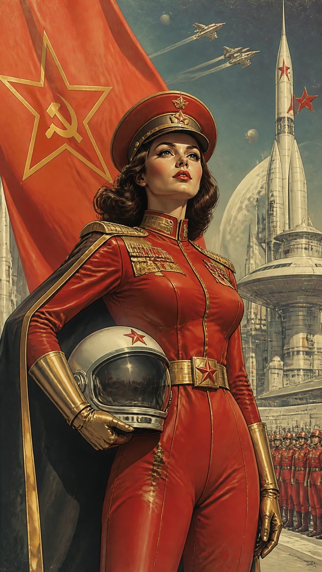 retro futurism style, COMMUNIST COMMANDER fantasy retro woman space