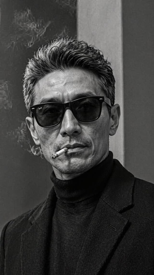 Ultra-realistic fashion black and white portrait of a man with short light hair, wearing a dark tail