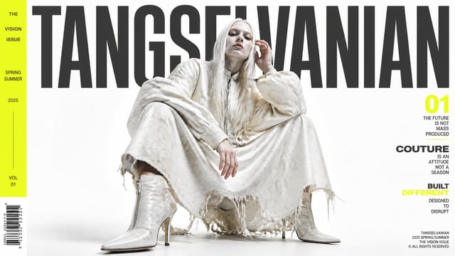 A full-length portrait of a ghostly female fashion model with a long haircut and a pale face, captur