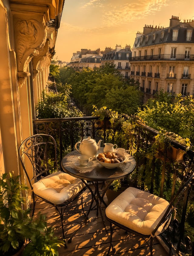 A photorealistic high-detail photograph capturing a tranquil and beautifully appointed Parisian balc