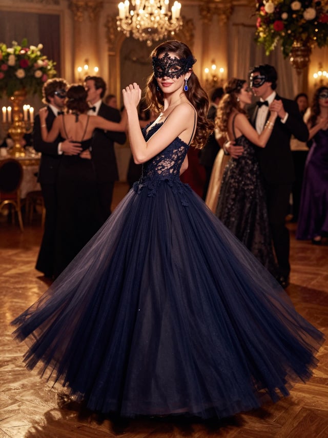 A pretty woman attending a glamorous masquerade ball at night, captured in a dramatic, photorealisti