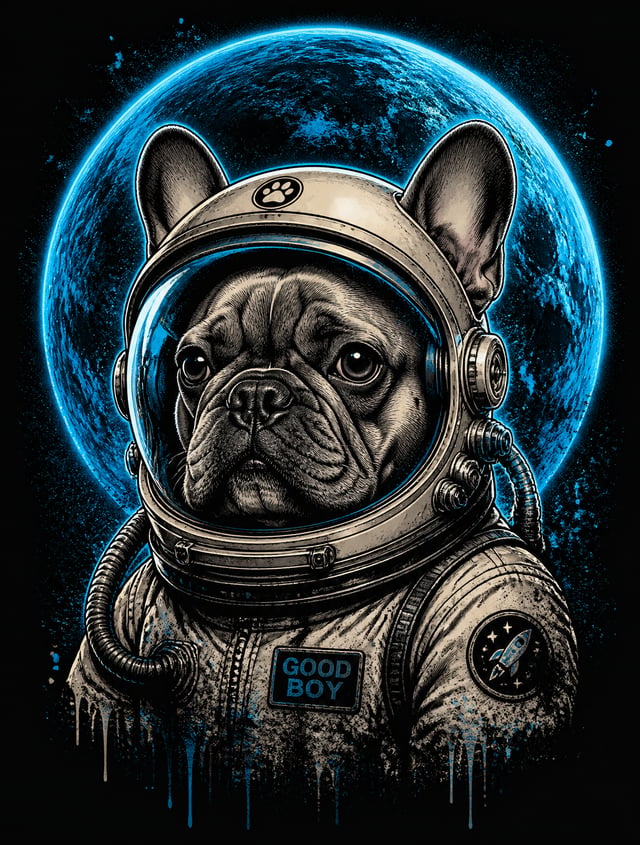 Prompt 1: SPECIES SWAP (Cyber-Dog)"A high-quality t-shirt design featuring a cool French Bulldog wea