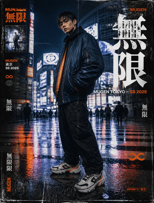Urban streetwear editorial poster. A young Asian man in oversized vintage bomber jacket, baggy cargo