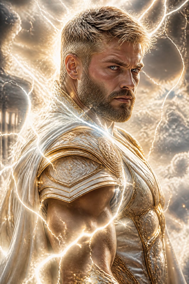 "Ultra-realistic cinematic fantasy portrait of a powerful Norse thunder god warrior, close-up three-