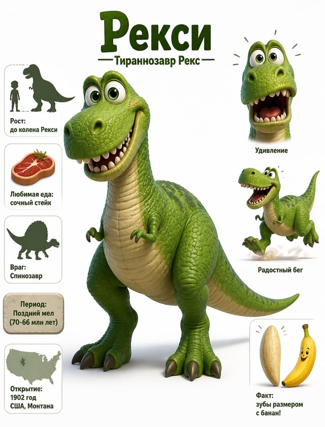 Модельный лист персонажа (Character Design Sheet) для мультфильма Pixar. Персонаж: дружелюбный Тиран