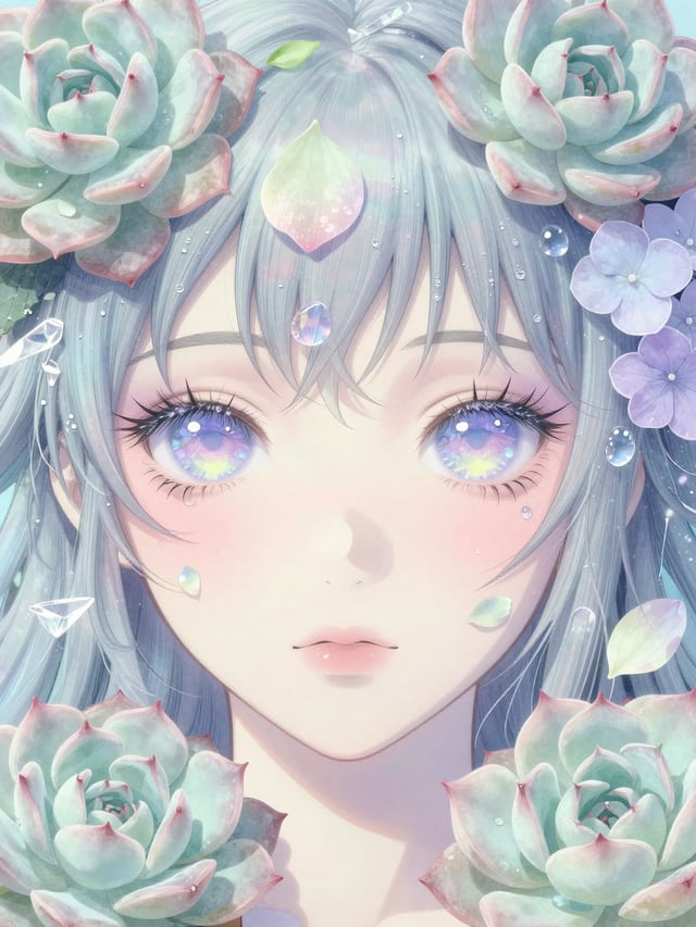 Close-up surreal anime-style portrait of an androgynous character with soft pastel aura, eyes shimme