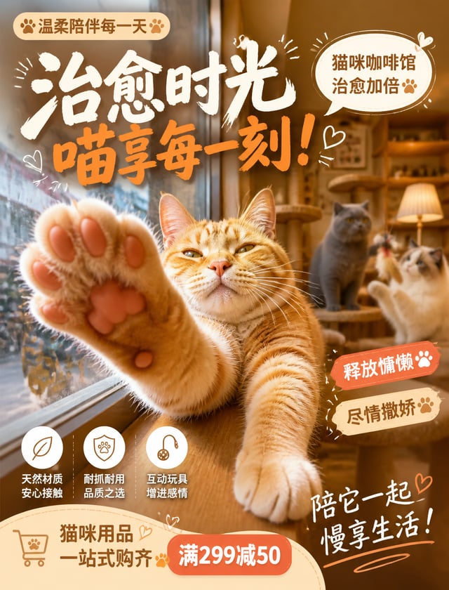 A lazy orange tabby cat stretching on a bright cozy cat cafe windowsill, front paw pressed against g