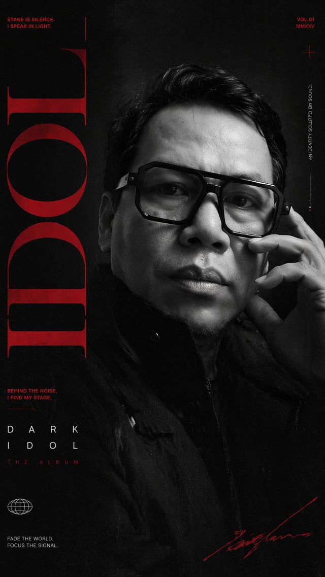 Create a high-end artist editorial poster with a strong fashion magazine, music visual and experimen