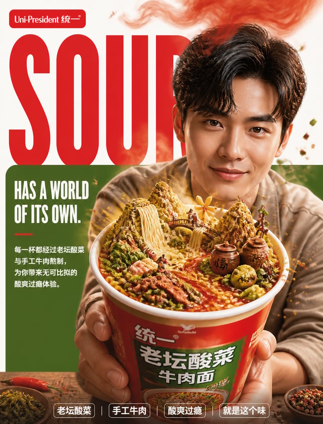 生成一张世界级品牌广告级速食海报，采用大胆商业版式 × 超现实写实主义风格，照片级真实感，奢侈品编辑级视觉叙事，无AI痕迹。竖版构图，适配中国大陆社交媒体，下沉市场同步适配。核心创意："酸爽自有其世界