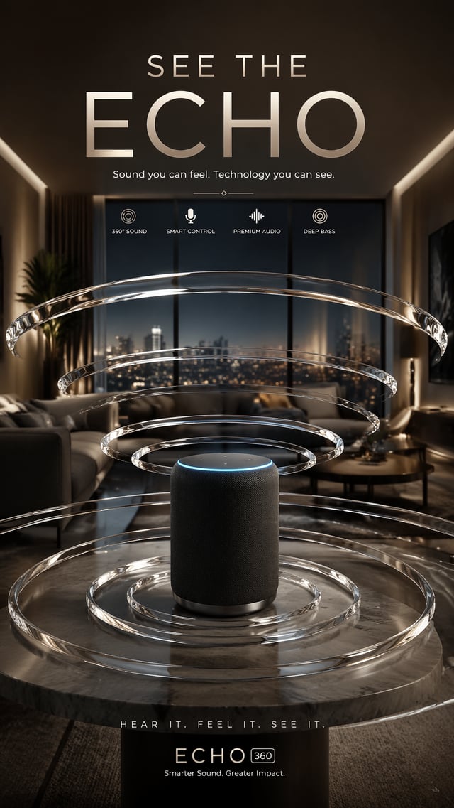 A premium 9:16 speaker advertising poster.Main Subject:A premium smart speaker.Echoes become elegant