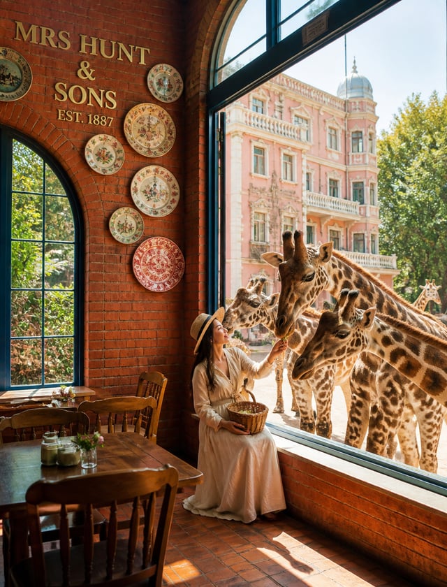 Vertical travel photography, inside European red brick restaurant, red brick wall decorated with gol