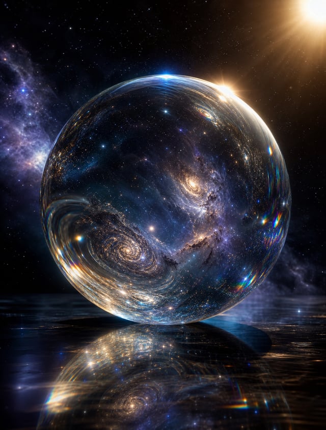 A perfectly spherical planet made entirely of transparent liquid glass, floating in deep space above