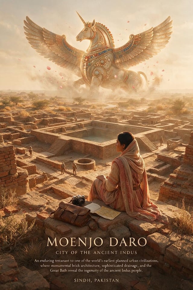 Create a breathtaking vertical cinematic archaeological travel poster of MOENJO DARO, SINDH, PAKISTA