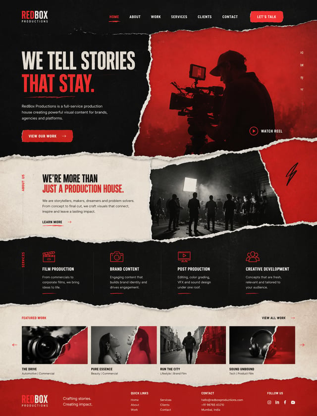 Create a torned paper style website for a production house with dual color red ui style