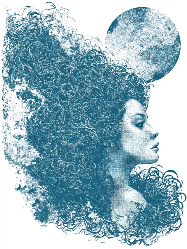 A stylized profile portrait of a woman faces left, her voluminous, flowing hair composed of intricat