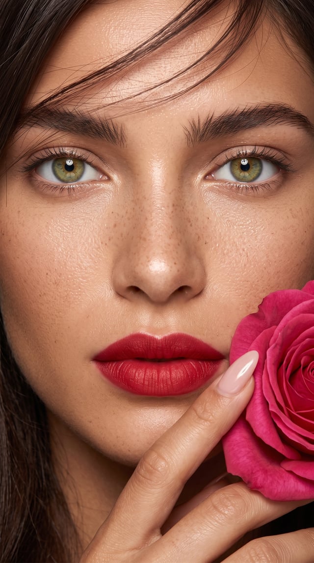 Create a highly photorealistic extreme close-up beauty portrait of one original, non-identifiable ad