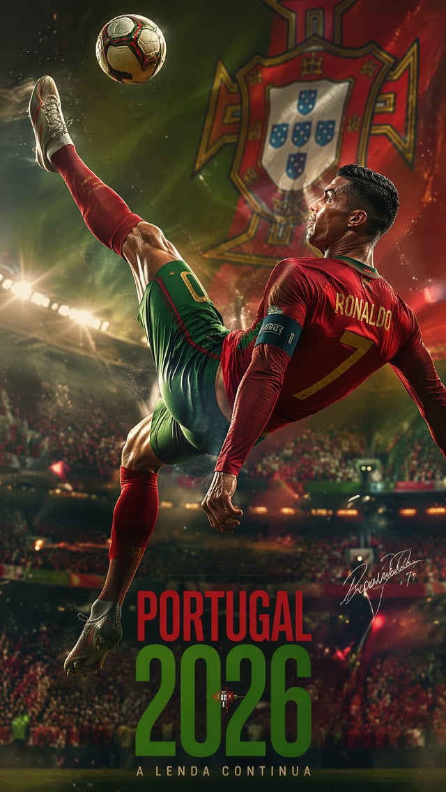 CG stylized action, Ronaldo mid‑air bicycle kick, Portugal 2026, red‑green palette, glowing stadium 