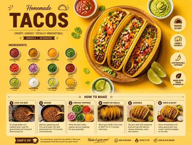 A premium recipe infographic poster featuring homemade tacos in a clean editorial food magazine layo