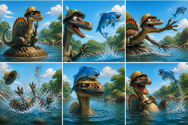 Сюжетная раскадровка, сетка 3x2 (6 кадров на одном листе). Без текста. Стиль Pixar, яркие брызги вод