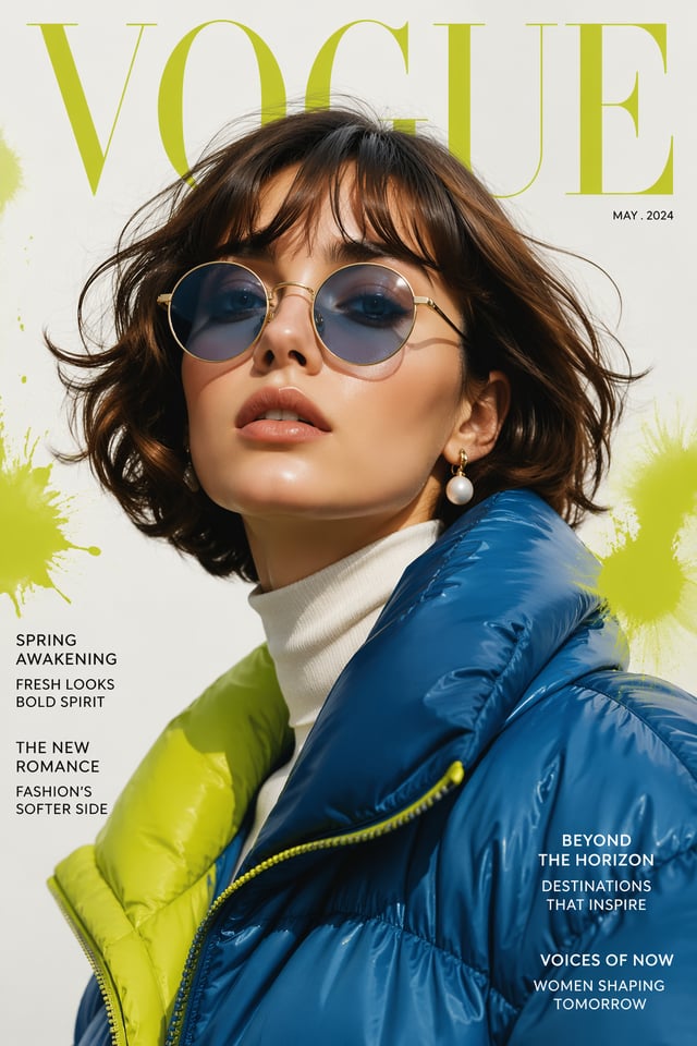 A cinematic fashion portrait of a young woman with a short wavy bob haircut and wispy bangs, wearing