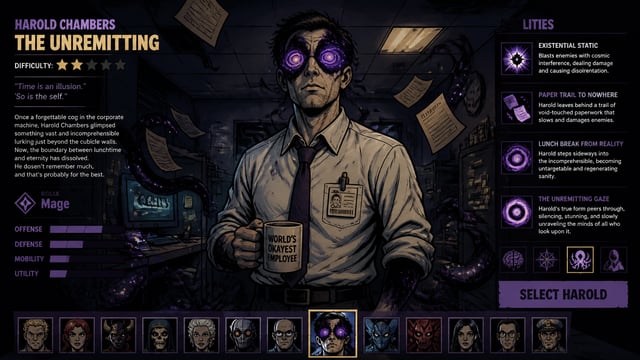 MOBA hero splash art in the style of Venture Bros adult swim cartoon, ordinary looking office clerk 
