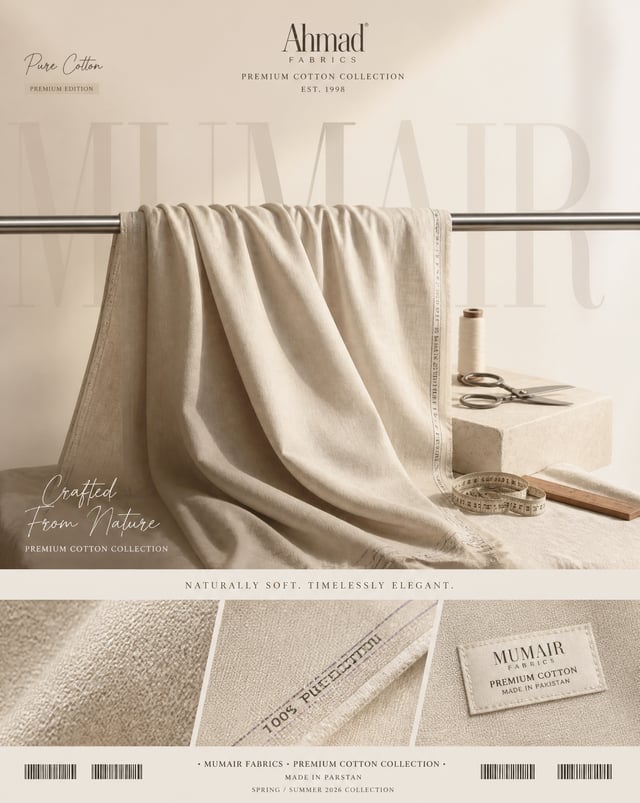 Create a premium luxury editorial advertisement for Ahmad Fabrics, showcasing the supplied premium c