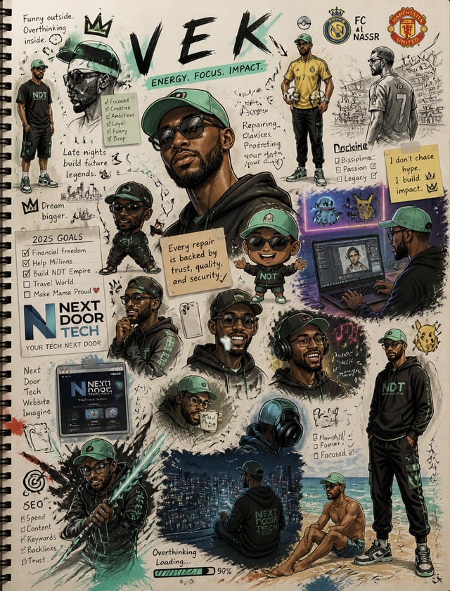 Messy personal sketchbook illustration page of a character named “V E K”, inspired by the uploaded r