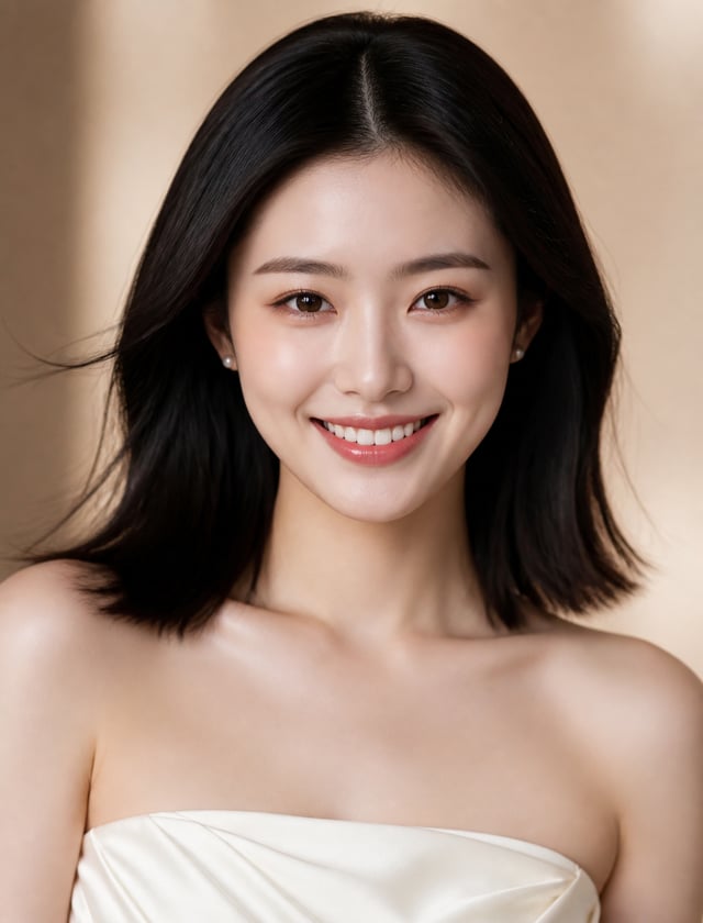 Ultra-photorealistic beauty portrait of a fictional East Asian woman, front-facing, radiant genuine 