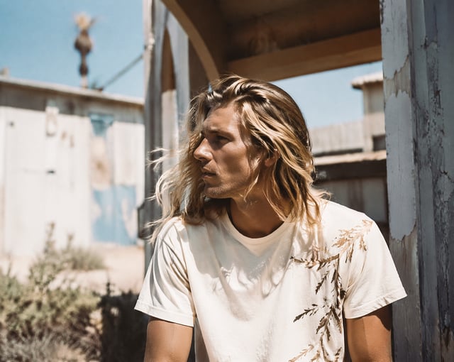 High-end fashion editorial portrait featuring an ordinary man in his late twenties with long, sun-bl