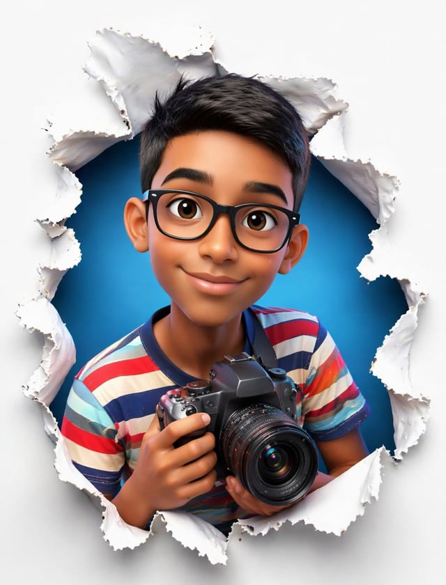 A cute stylized 3D cartoon boy character with big expressive eyes, soft smooth skin, and round facia